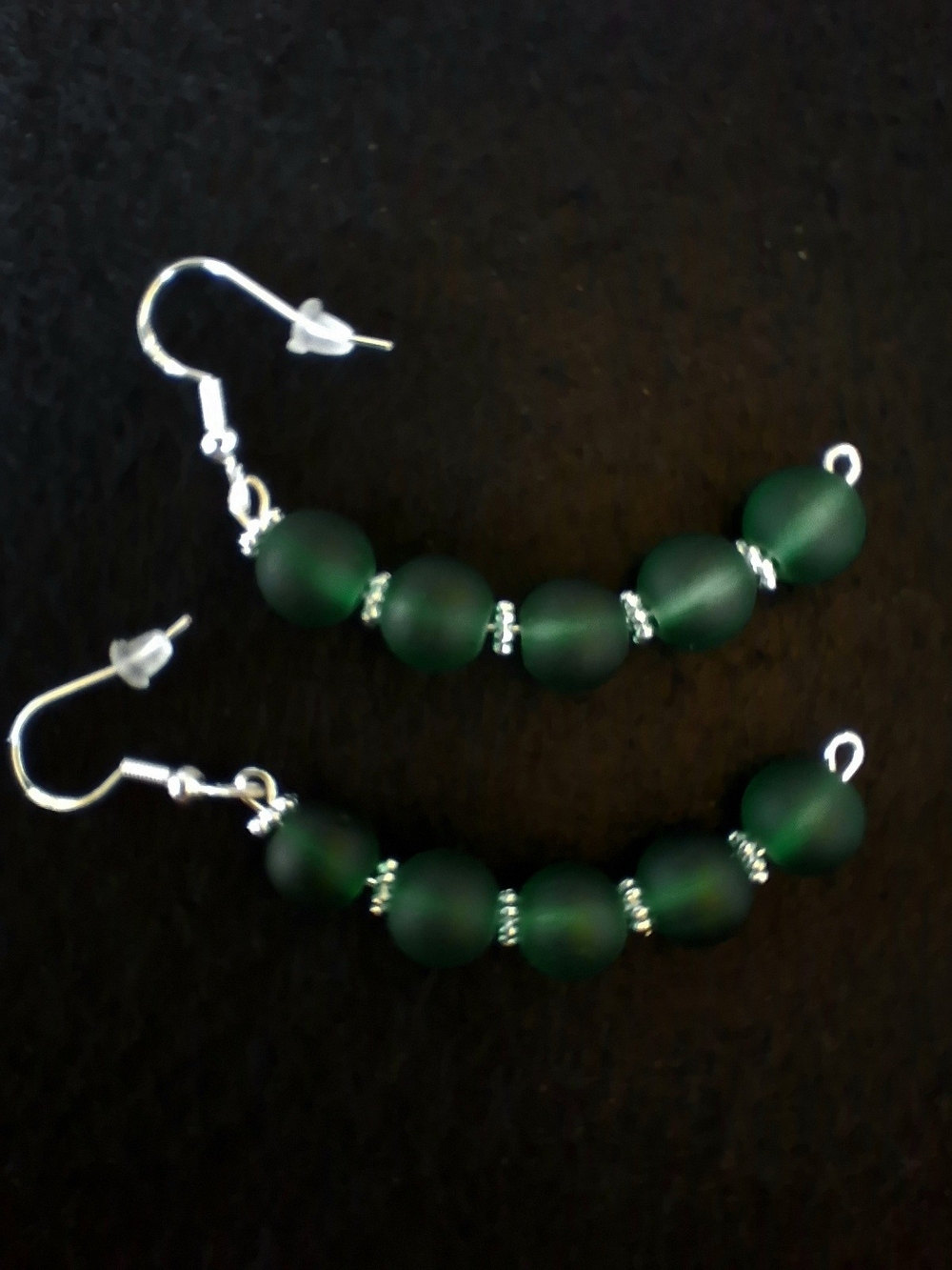 Half Hoop Green Beaded 2 1/2" Drop Pierced Earrings - Silver Tone